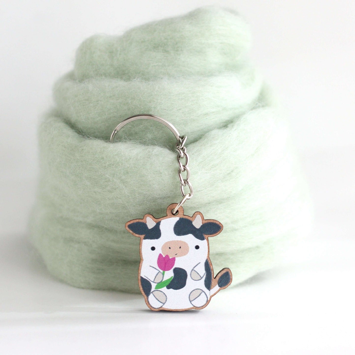 Cow Wood Keychain - Animal Wooden Keyring - Sustainable Purse Charm