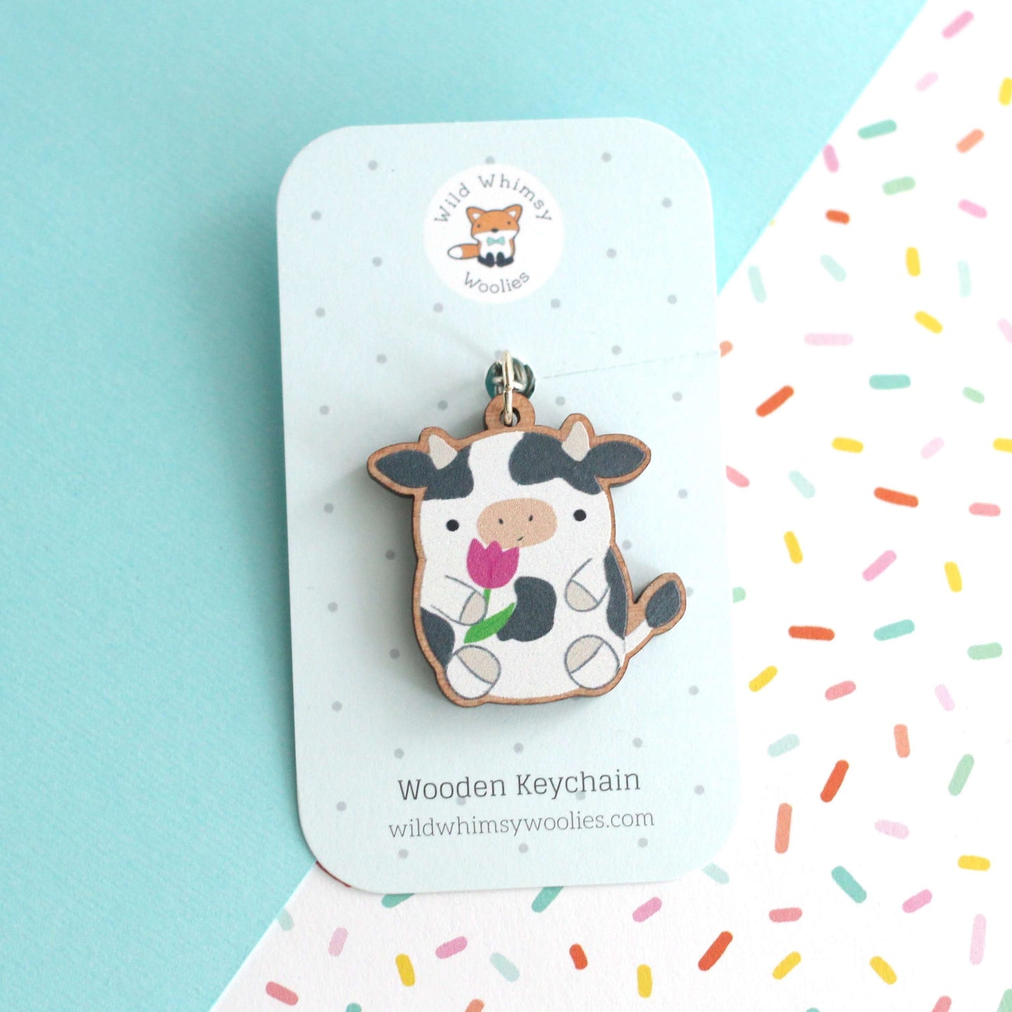 Cow Wood Keychain - Animal Wooden Keyring - Sustainable Purse Charm
