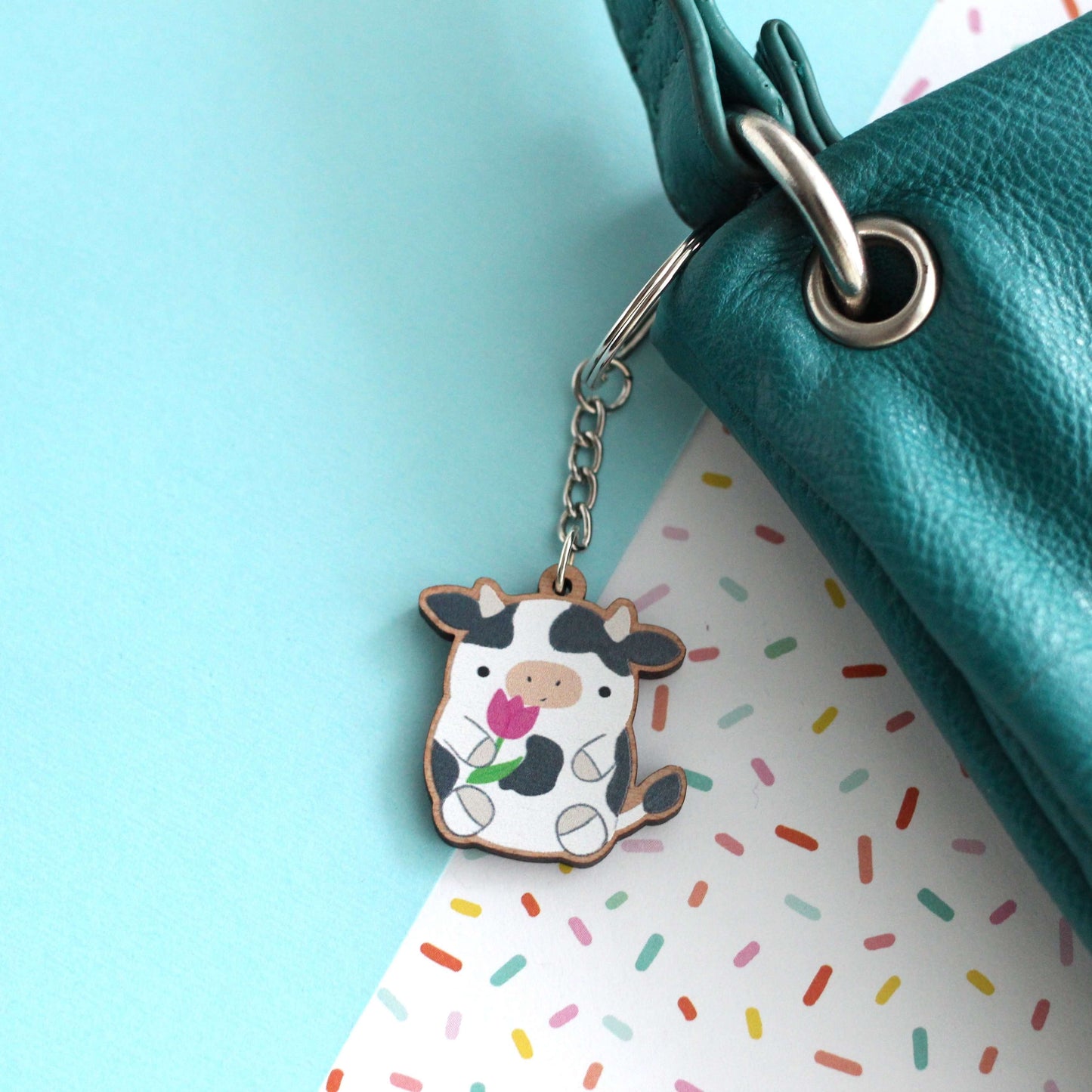 Cow Wood Keychain - Animal Wooden Keyring - Sustainable Purse Charm