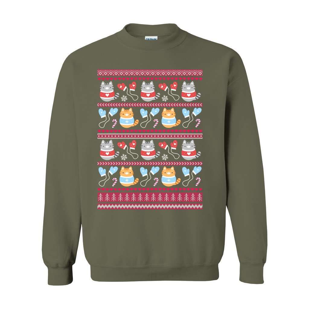 Kittens and Mittens Christmas Sweatshirt - Gift for Cat Lovers: S / Military Green
