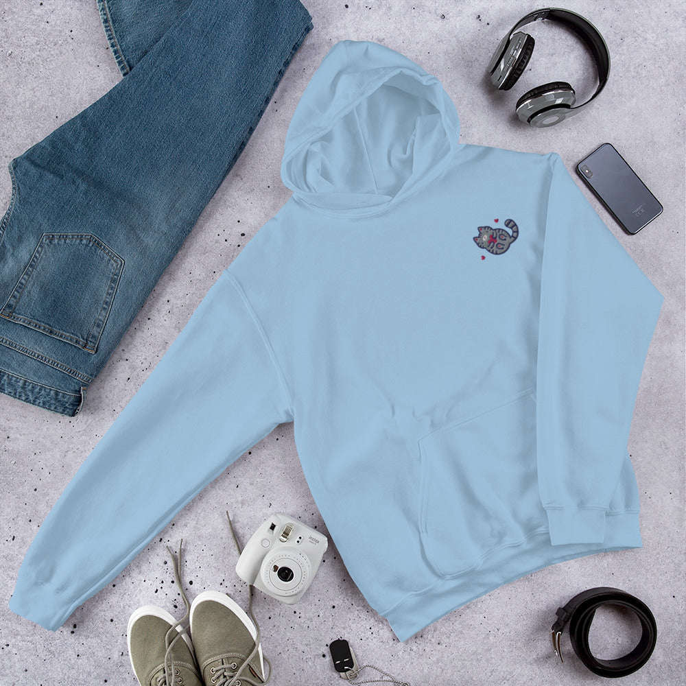 Embroidered Grey Tabby Cat Hoodie: Light Blue / S
