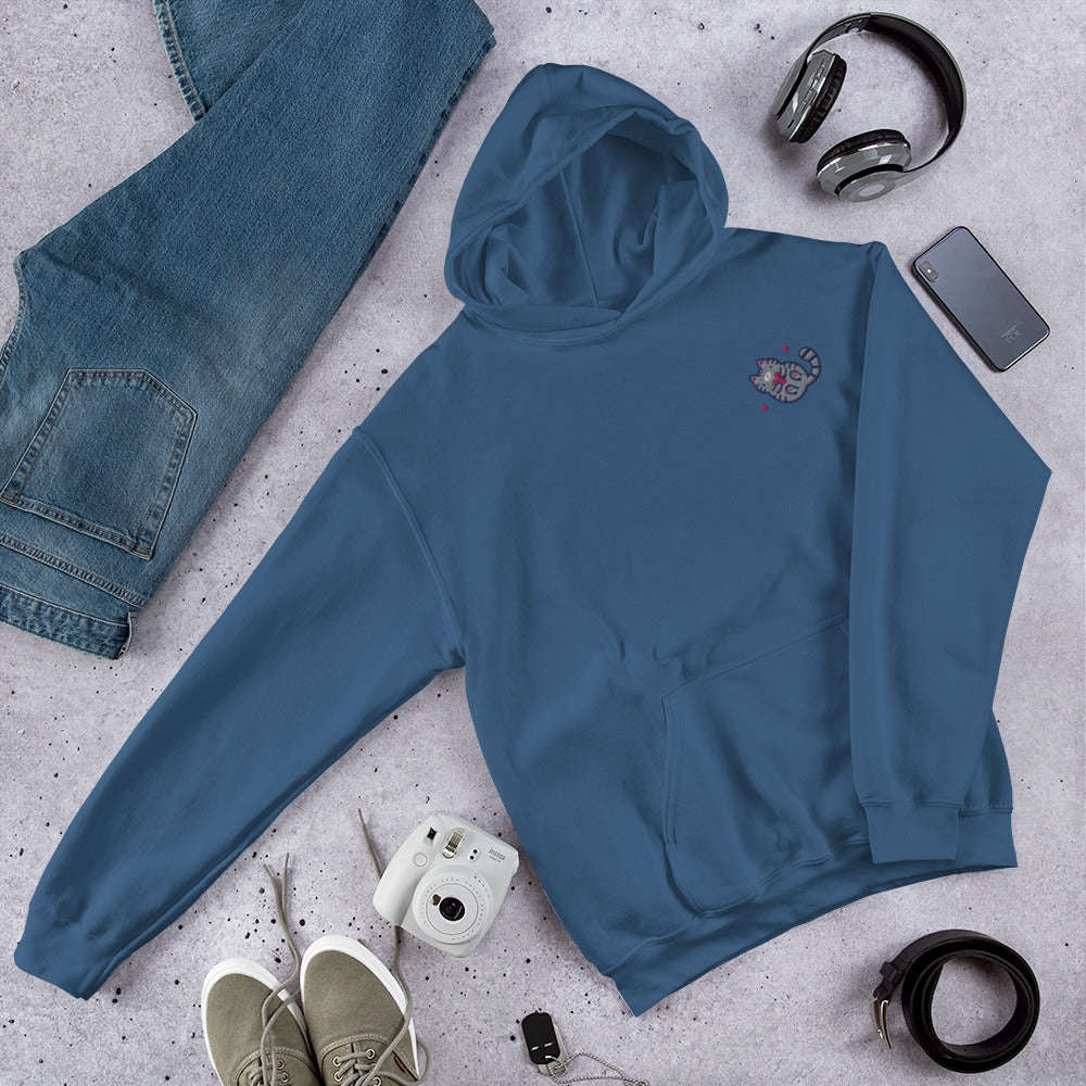 Embroidered Grey Tabby Cat Hoodie: Indigo Blue / S