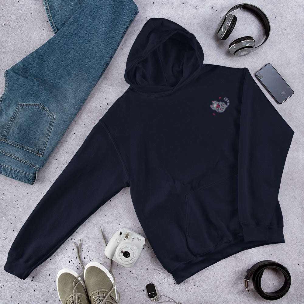 Embroidered Grey Tabby Cat Hoodie: Navy / S