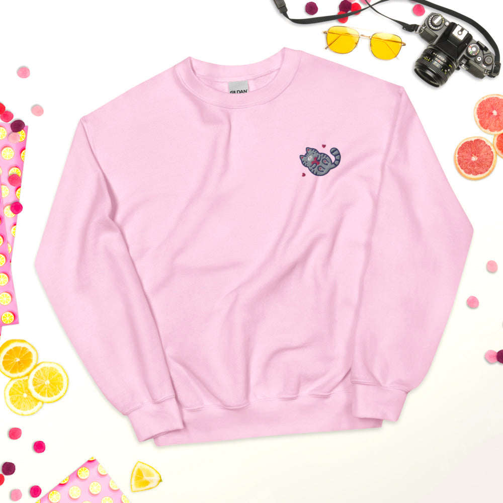 Embroidered Grey Tabby Cat Sweatshirt: Light Pink / S
