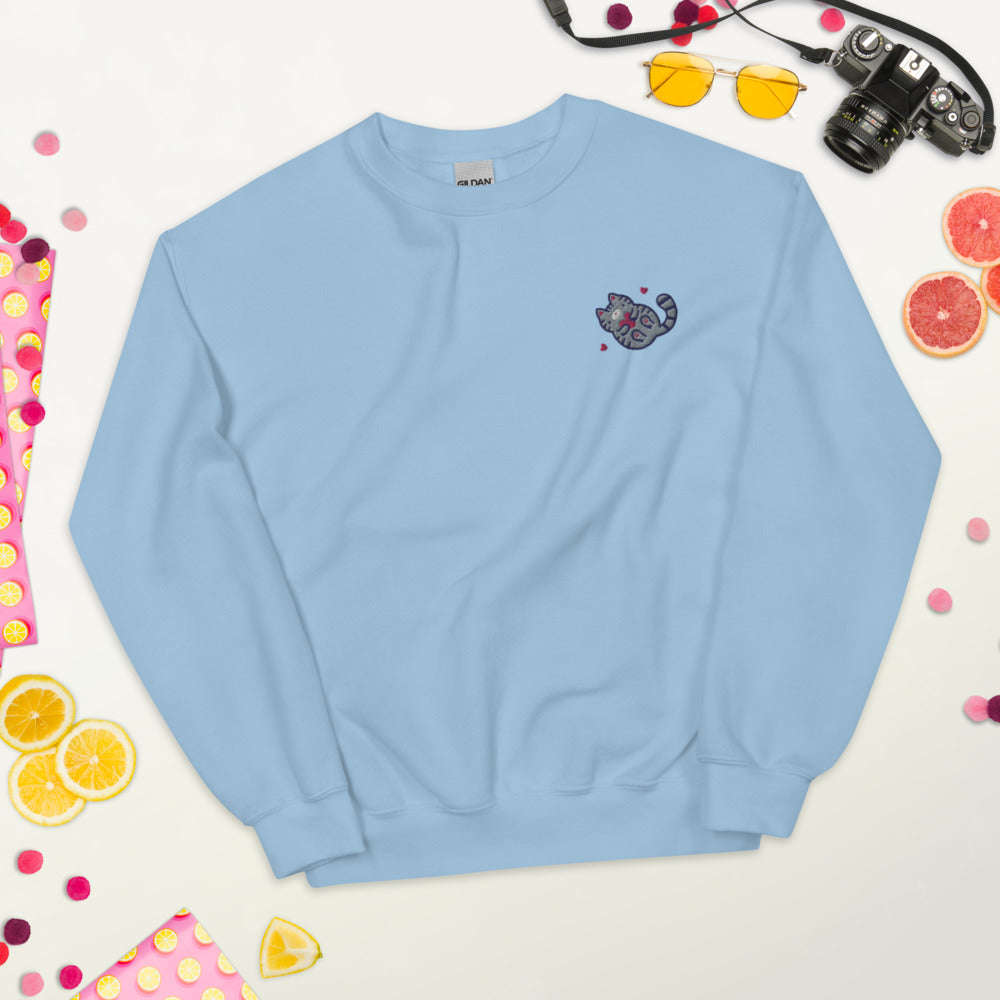 Embroidered Grey Tabby Cat Sweatshirt: Light Blue / S