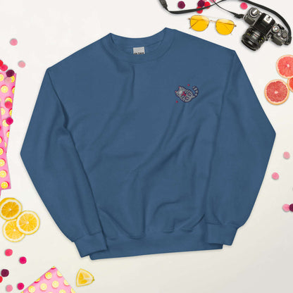 Embroidered Grey Tabby Cat Sweatshirt: Indigo Blue / S