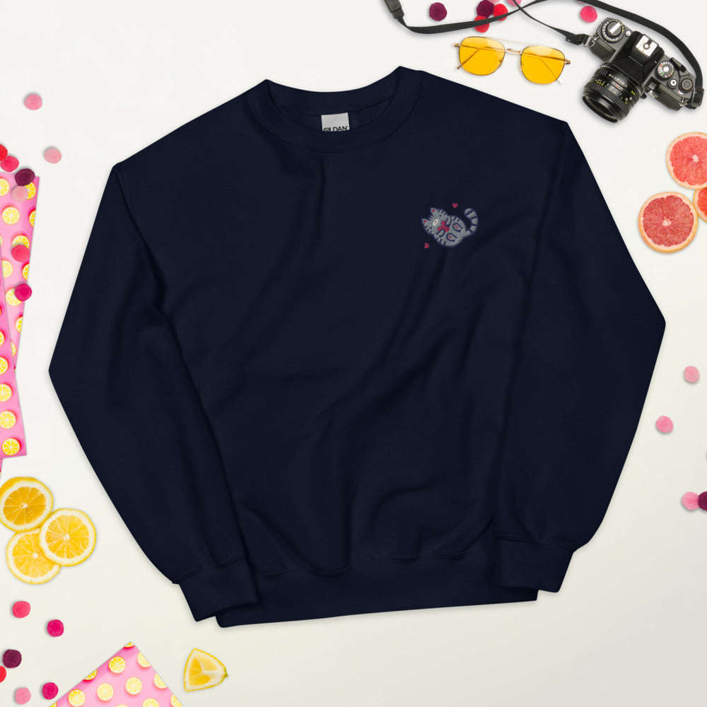 Embroidered Grey Tabby Cat Sweatshirt: Navy / S