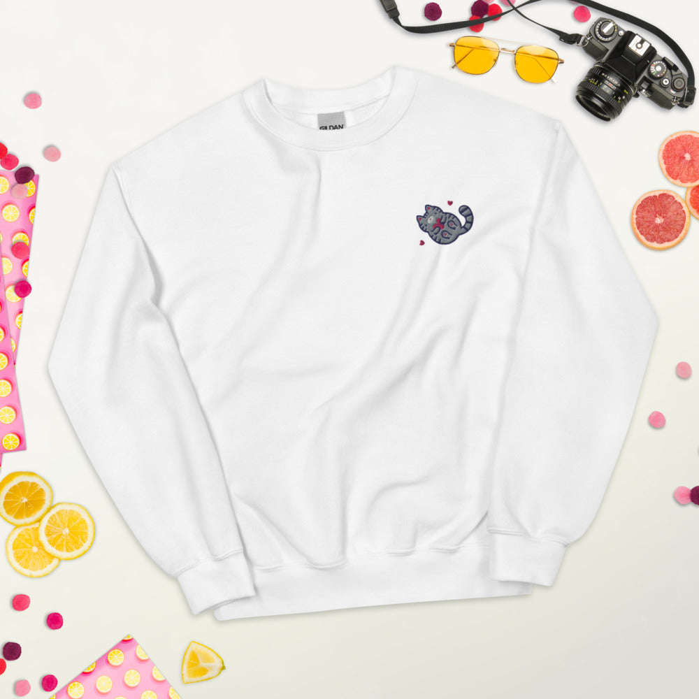 Embroidered Grey Tabby Cat Sweatshirt: White / S