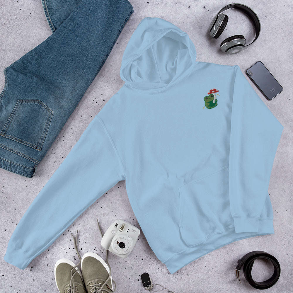 Embroidered Mushroom Frog Hoodie: Light Blue / S