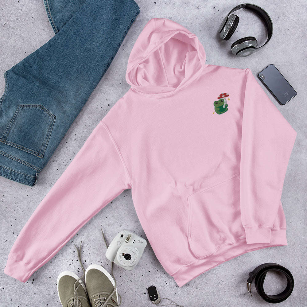 Embroidered Mushroom Frog Hoodie: Light Pink / S
