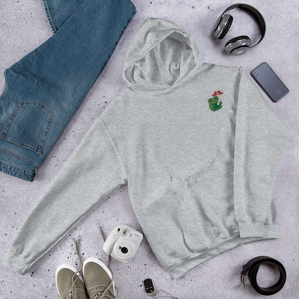 Embroidered Mushroom Frog Hoodie: Sport Grey / S