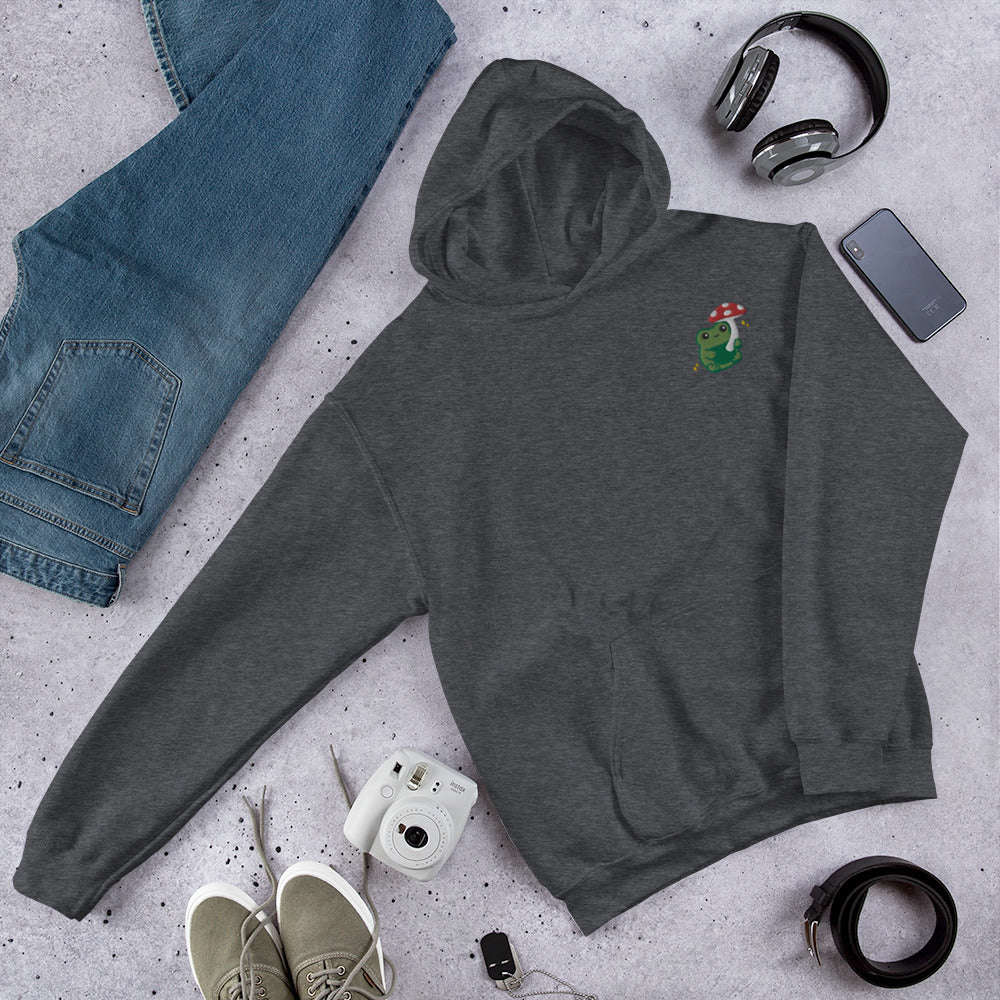 Embroidered Mushroom Frog Hoodie: Dark Heather / S