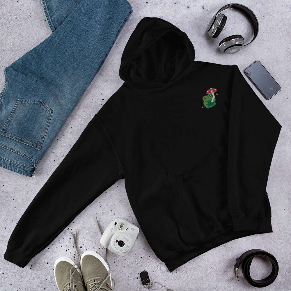 Embroidered Mushroom Frog Hoodie: Black / S