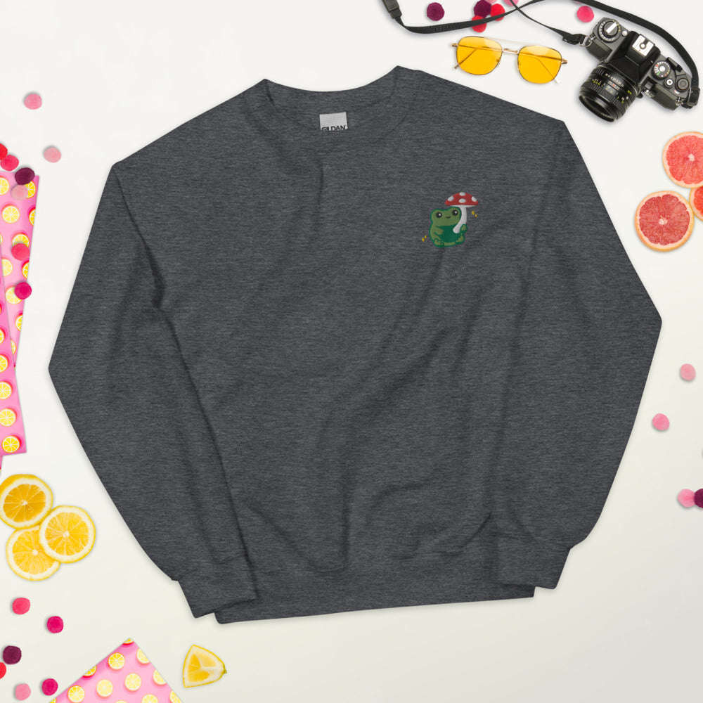 Embroidered Mushroom Frog Sweatshirt: Dark Heather / S