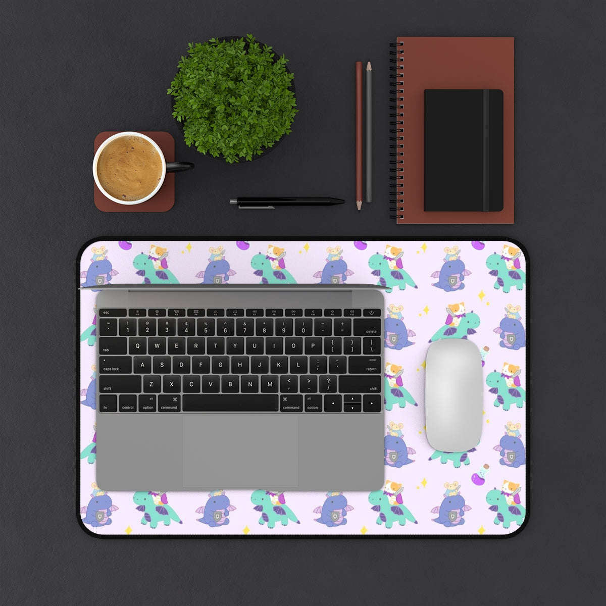 Cat and Mouse Dragon Knight Desk Mat - Large Mouse Pad: 12" × 18"