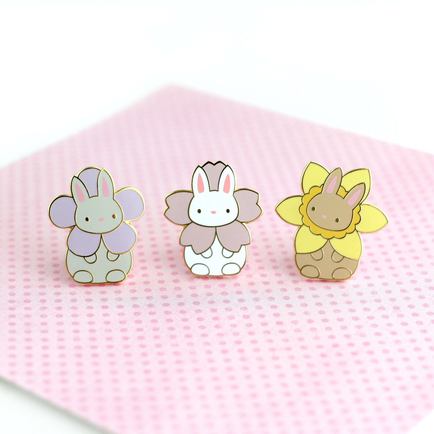 Flower Bunny Pin Set - Hard Enamel Pin Set - Cute Rabbit Pins by Wild Whimsy Woolies