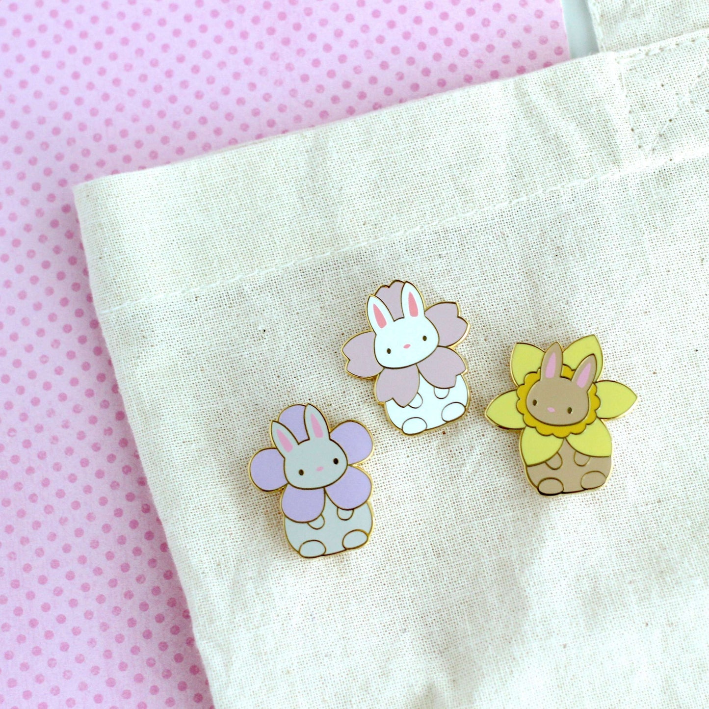 Flower Bunny Pin Set - Hard Enamel Pin Set - Cute Rabbit Pins by Wild Whimsy Woolies