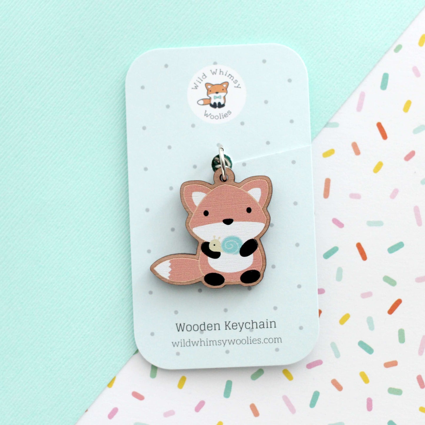 Fox w/ Snail Wooden Keychain - Cute Wood Charm - Eco-Friendly Gift