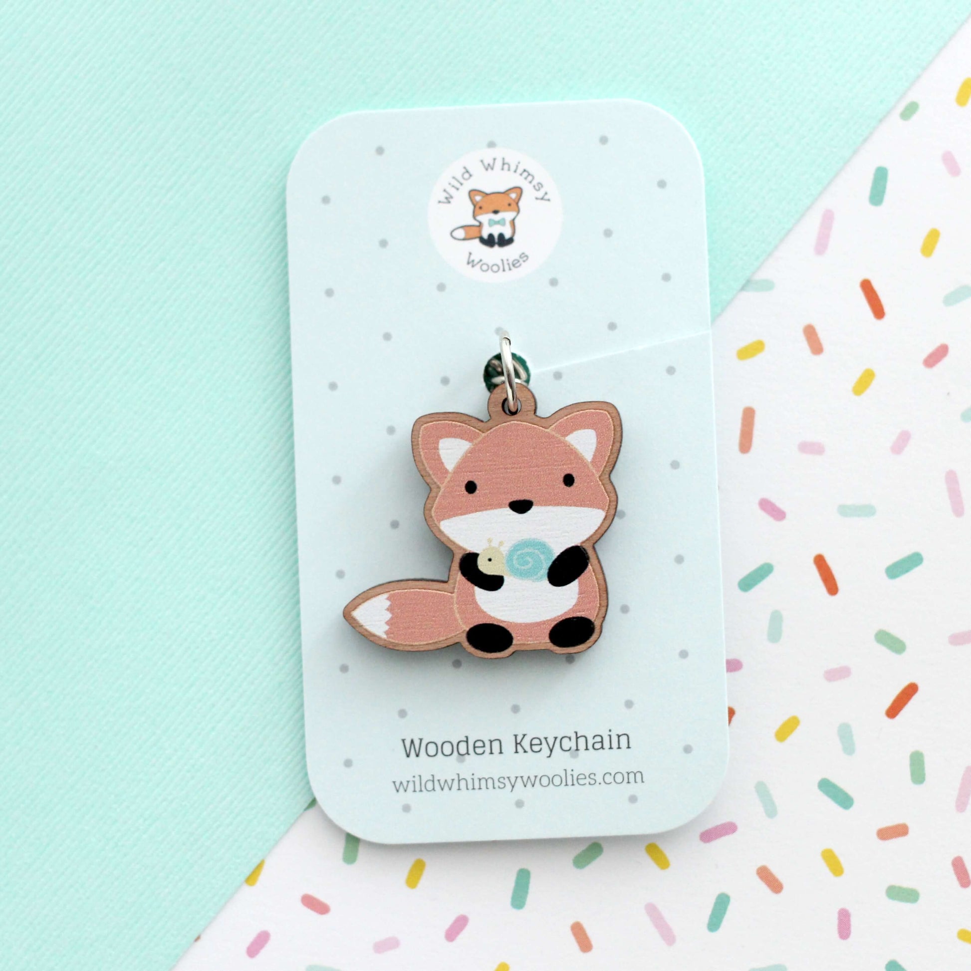 Fox w/ Snail Wooden Keychain - Cute Wood Charm - Eco-Friendly Gift
