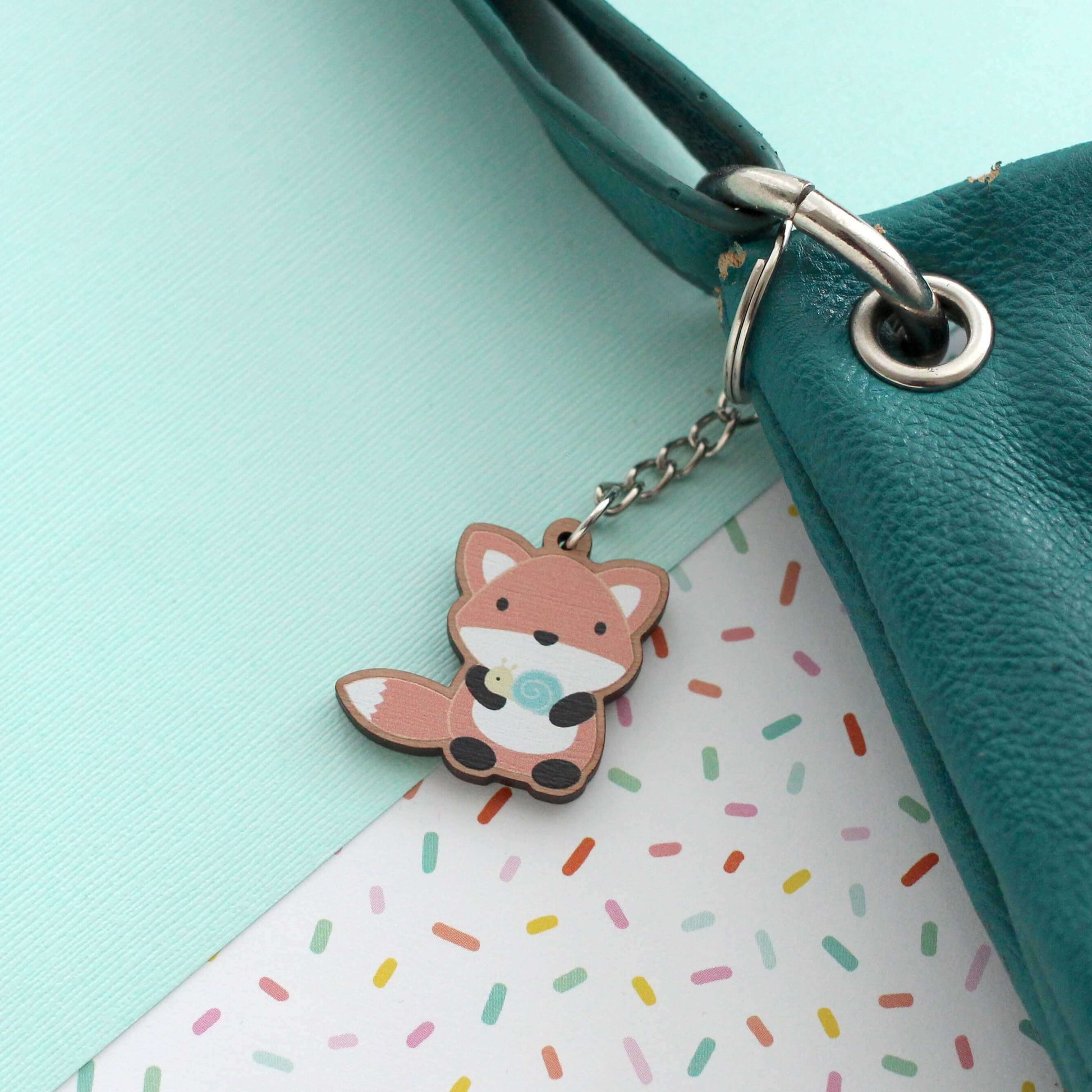Fox w/ Snail Wooden Keychain - Cute Wood Charm - Eco-Friendly Gift