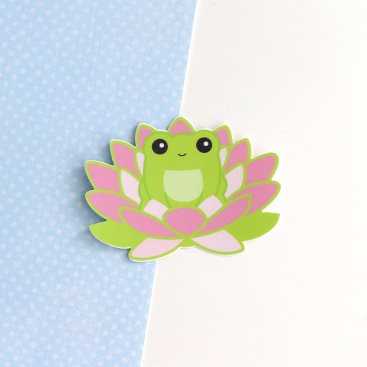 Frog in Lotus Flower Vinyl Sticker - Frog Stationery - Laptop Sticker