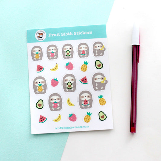 Fruit Sloth Vinyl Sticker Sheet - Pineapple, Strawberry, Avocado, Watermelon and Banana Sloth Planner Stickers