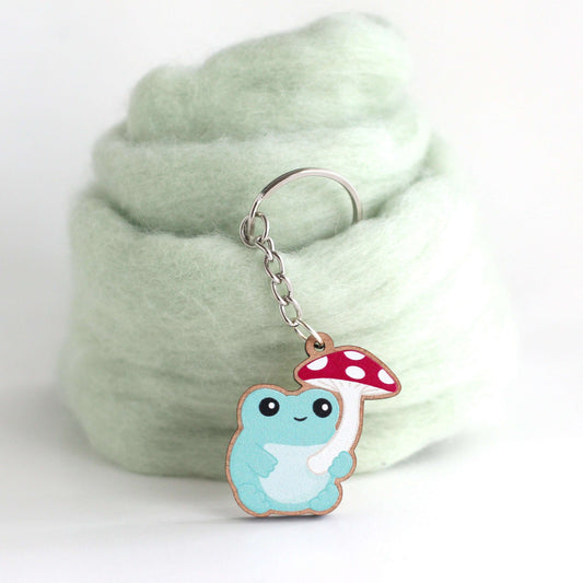 Mushroom Frog Wooden Keychain - Cute Wood Charm - Frog Accessories - Cottagecore