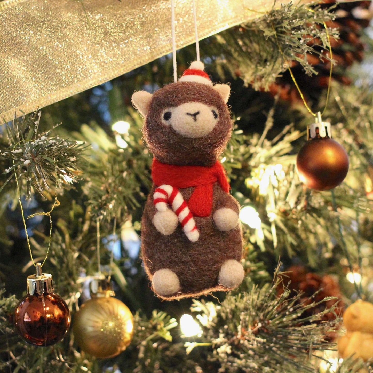 Needle Felted Alpaca holding Candy Cane