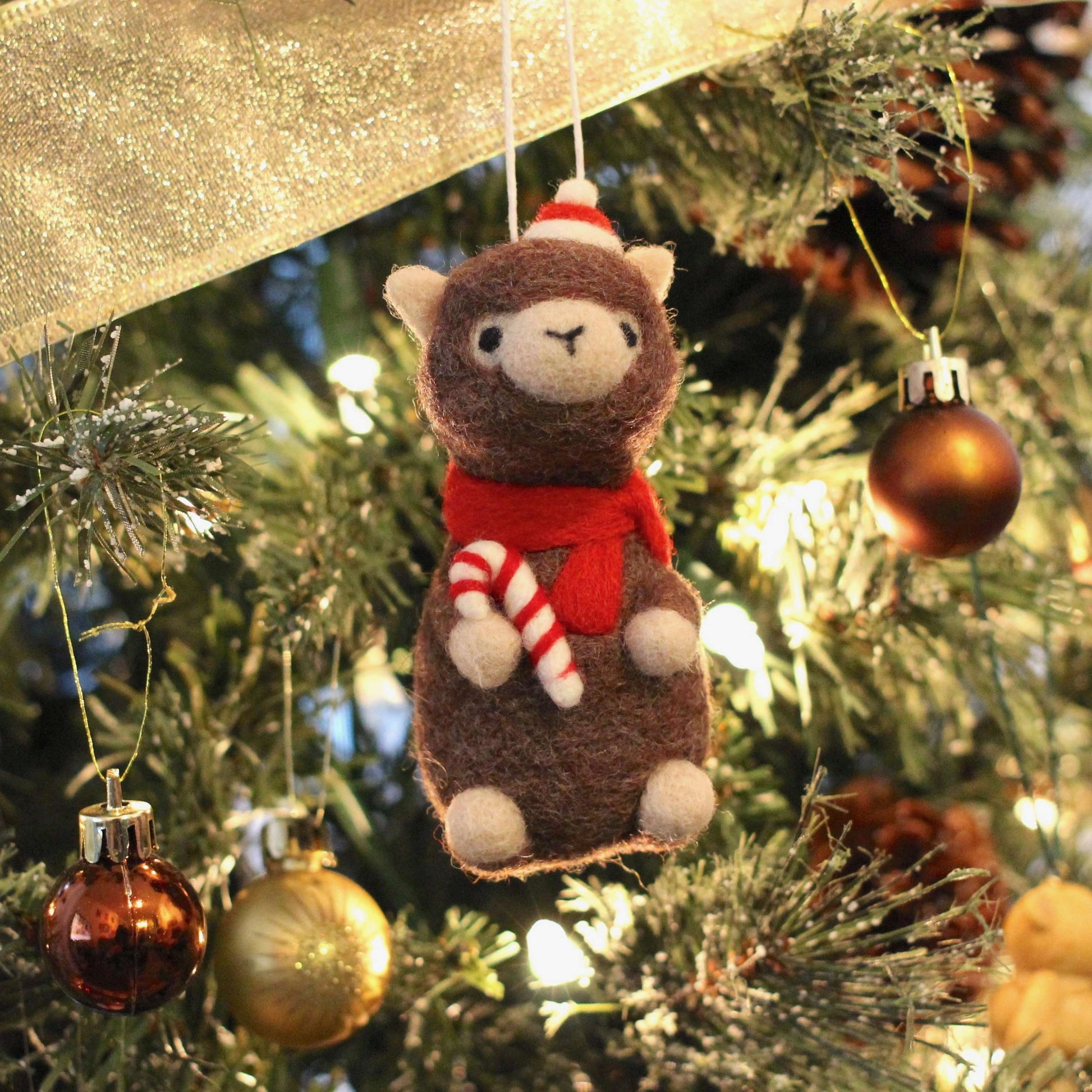 Needle Felted Alpaca holding Candy Cane