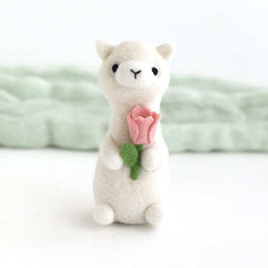 Needle Felted Alpaca holding Pink Tulip