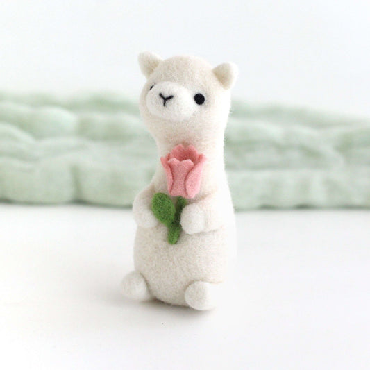 Needle Felted Alpaca holding Pink Tulip
