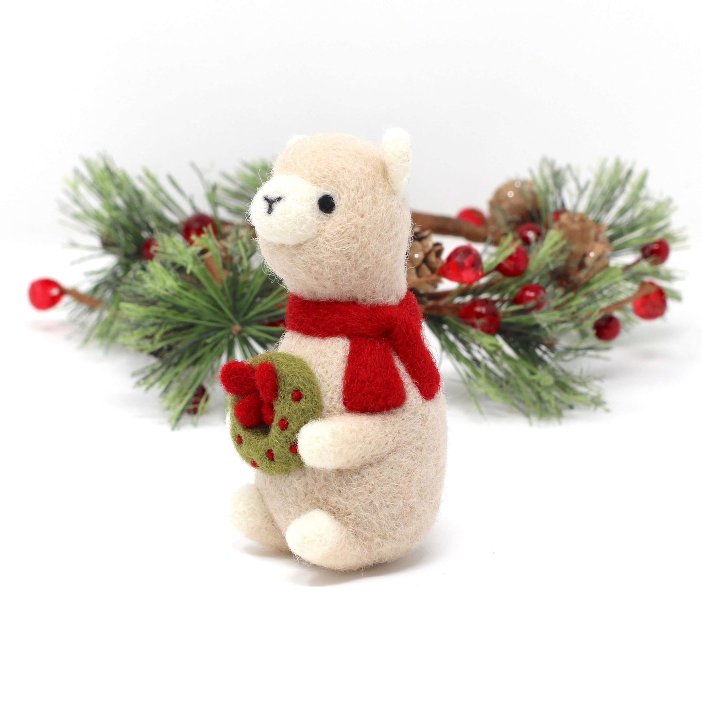Needle Felted Alpaca holding Wreath