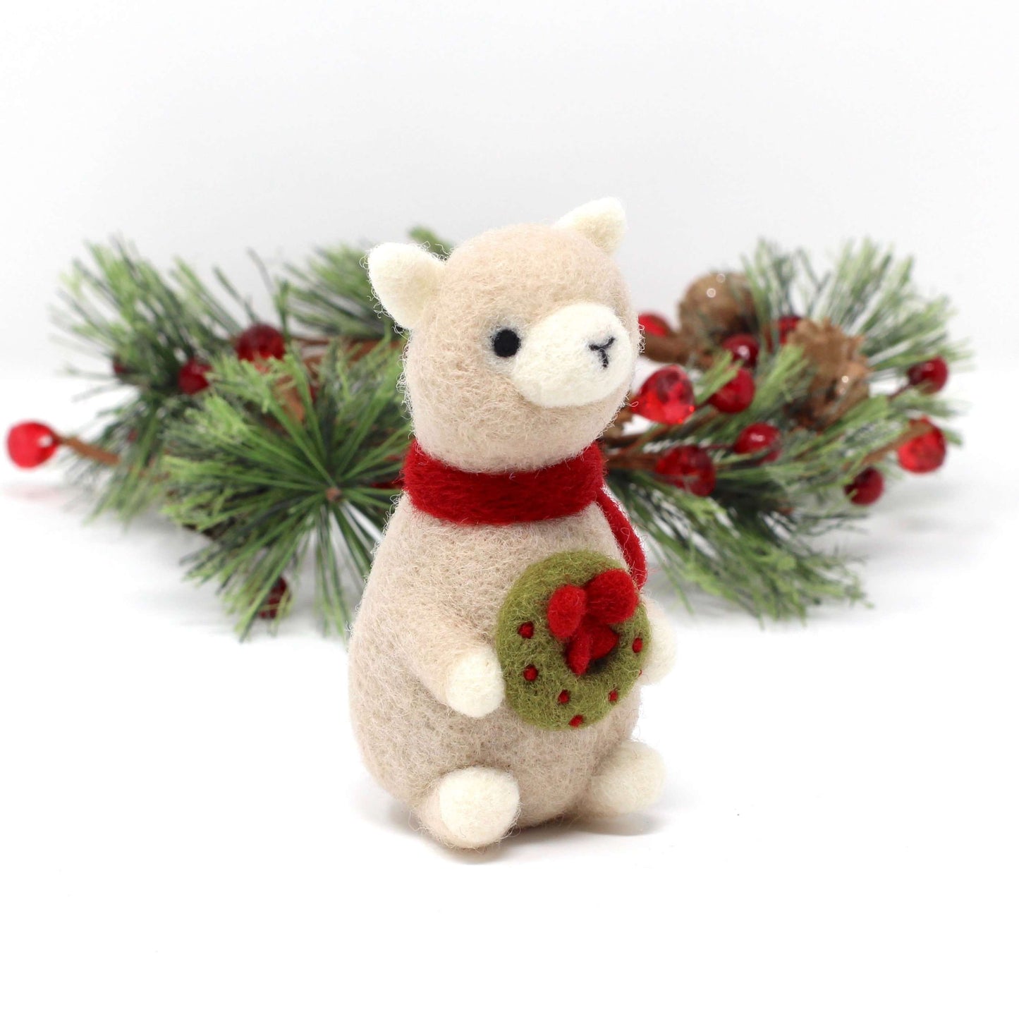 Needle Felted Alpaca holding Wreath