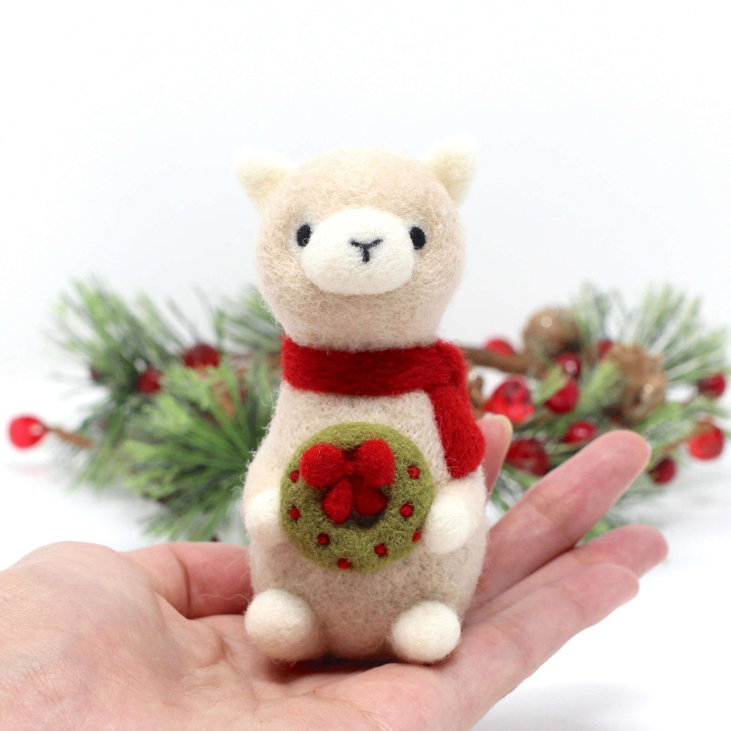 Needle Felted Alpaca holding Wreath