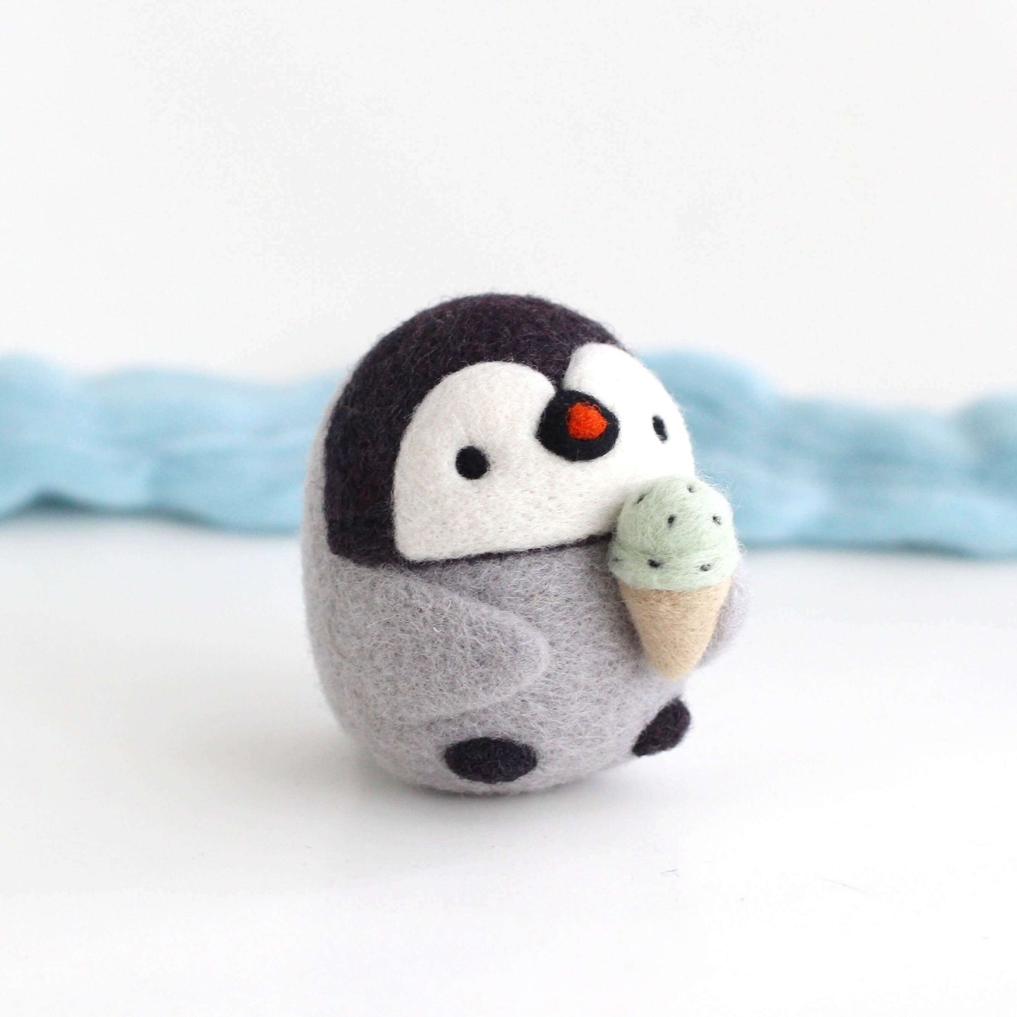 Needle Felted Baby Emperor Penguin with Ice Cream Cone