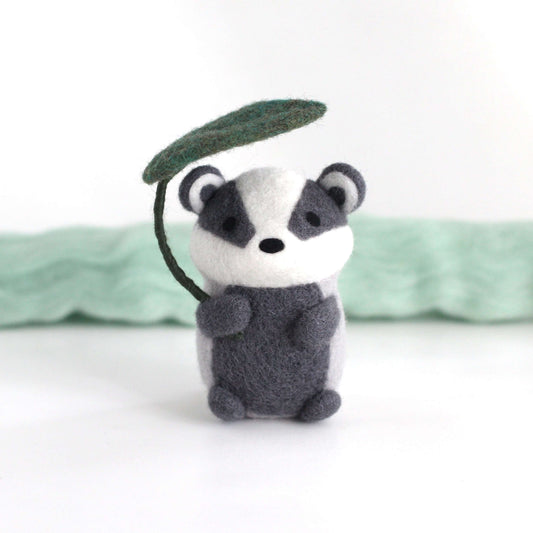 Needle Felted Badger Holding Leaf Umbrella