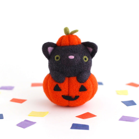 Needle Felted Black Cat in Jack-o'-Lantern (Bright Orange Variant)