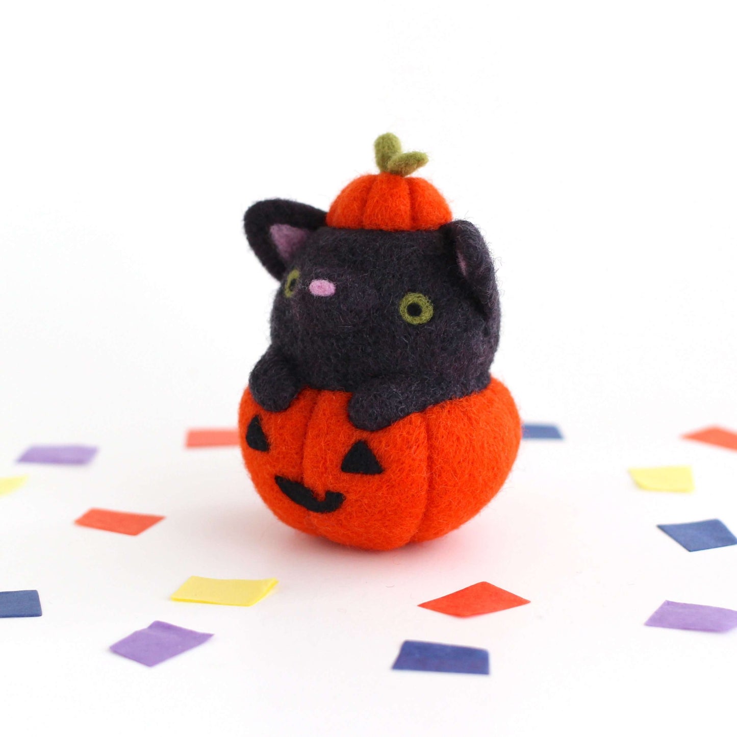 Needle Felted Black Cat in Jack-o'-Lantern (Bright Orange Variant)