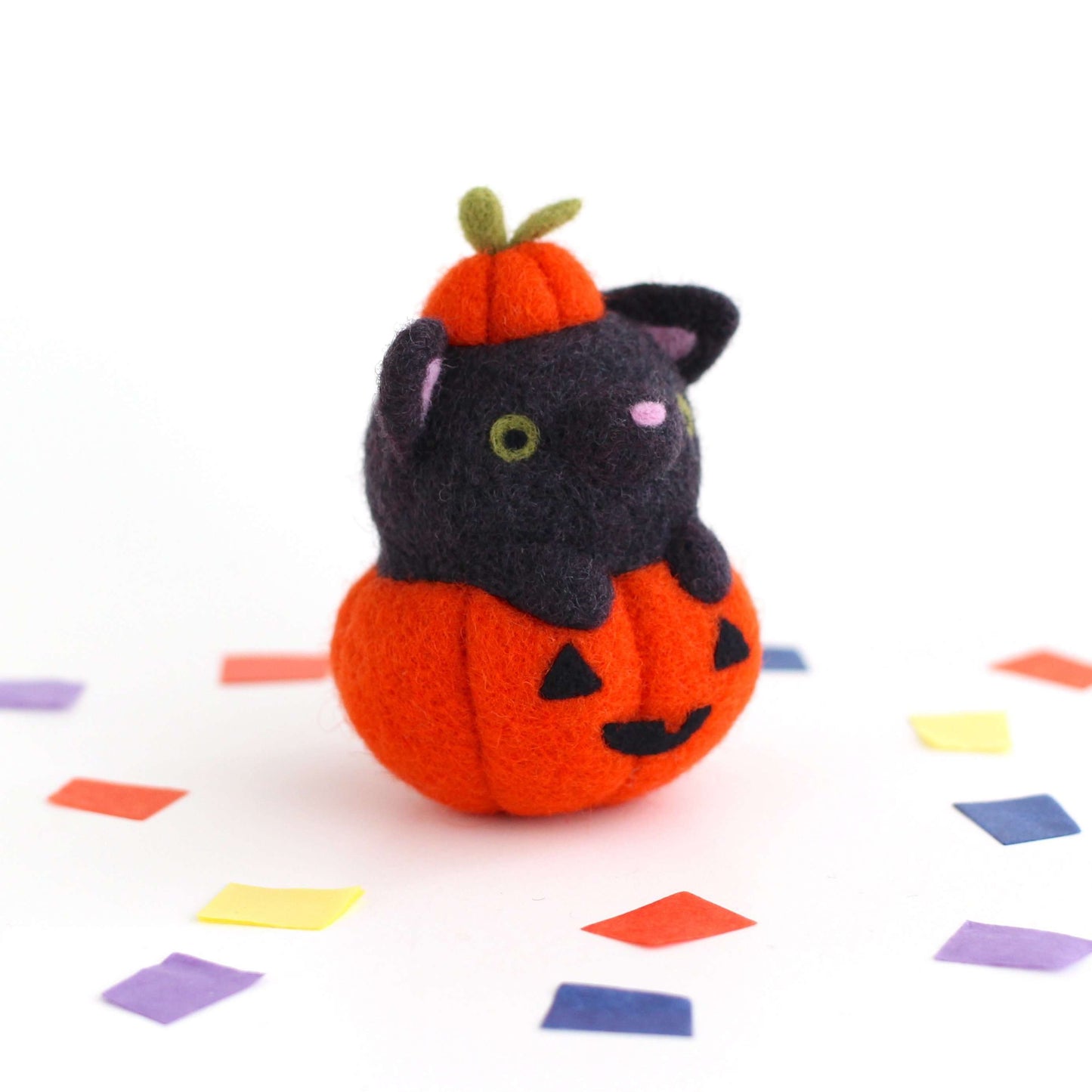 Needle Felted Black Cat in Jack-o'-Lantern (Bright Orange Variant)