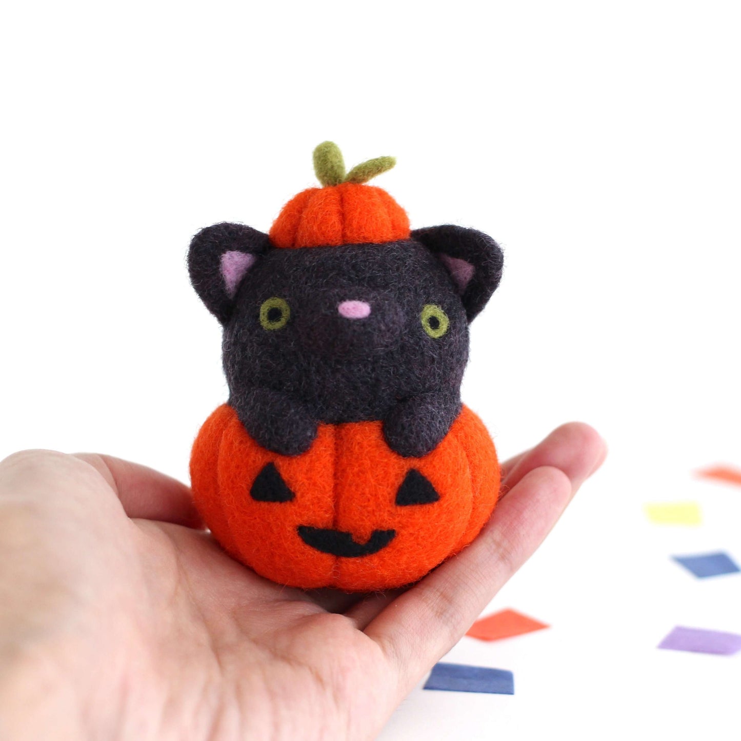 Needle Felted Black Cat in Jack-o'-Lantern (Bright Orange Variant)