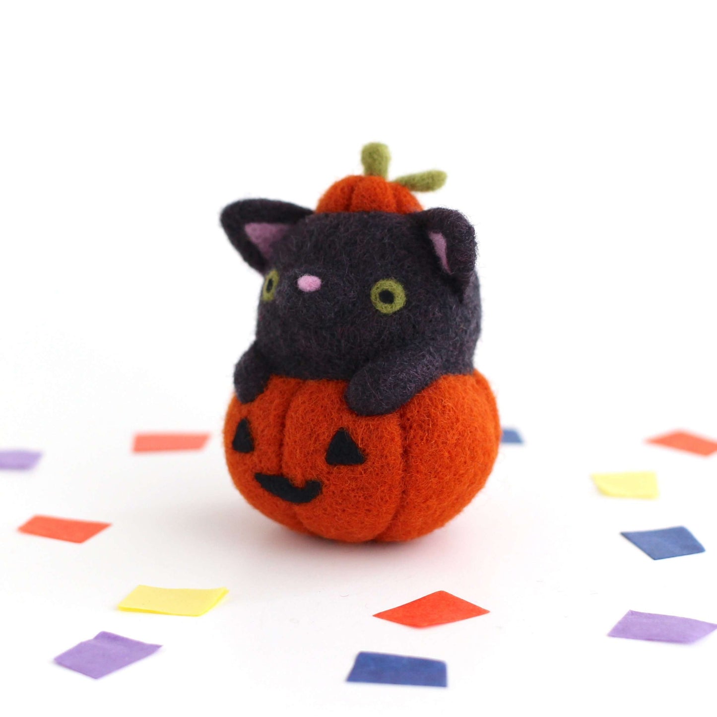 Needle Felted Black Cat in Jack-o'-Lantern (Burnt Orange Variant)