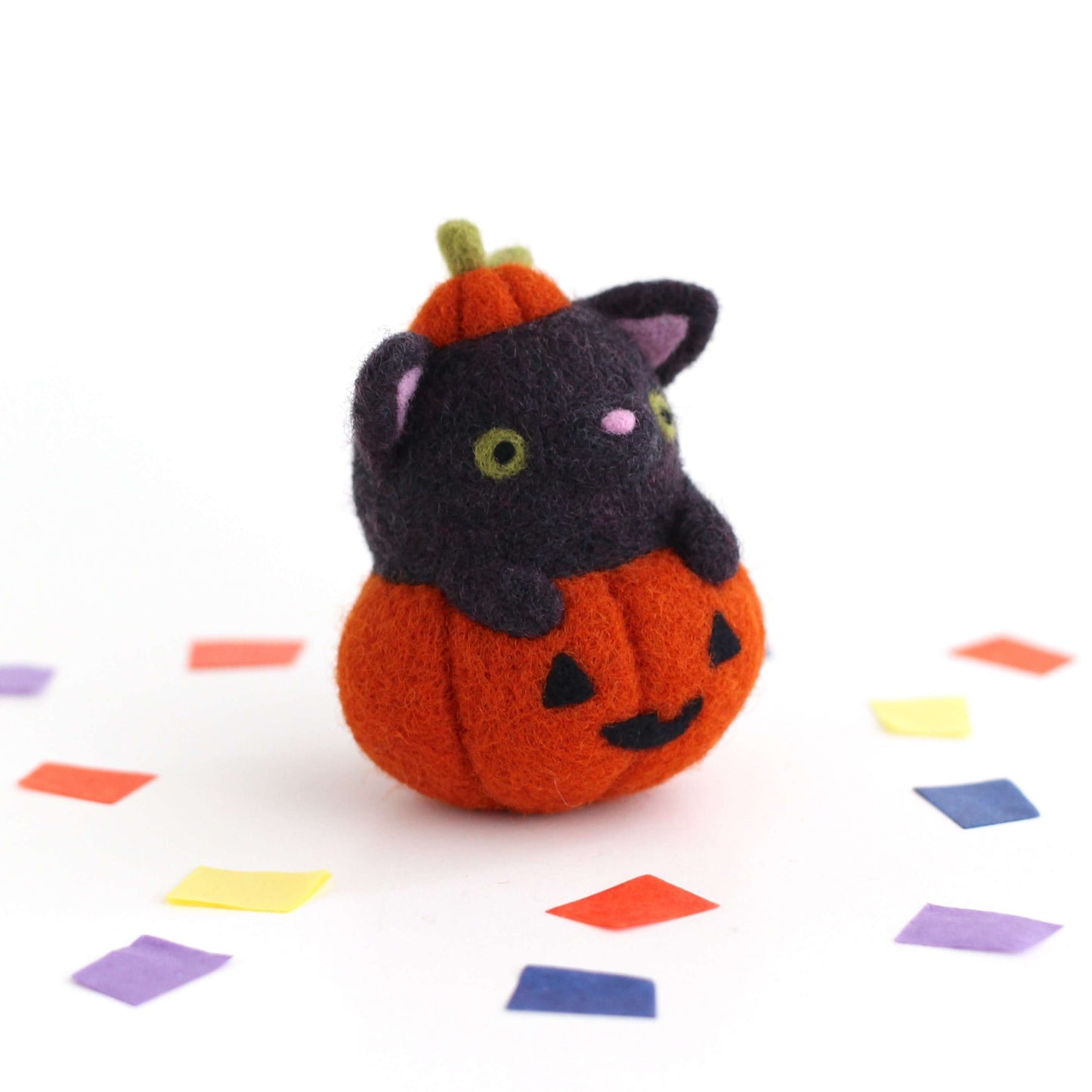 Needle Felted Black Cat in Jack-o'-Lantern (Burnt Orange Variant)