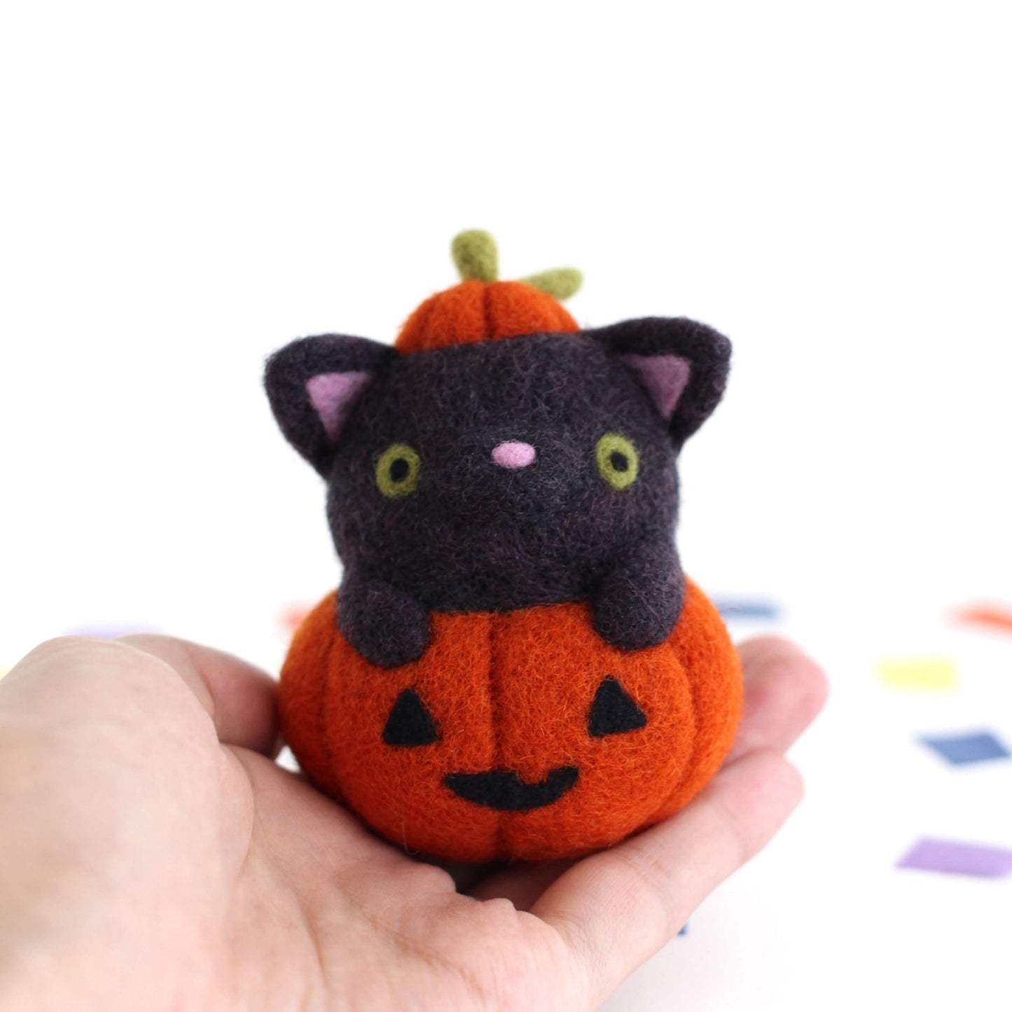 Needle Felted Black Cat in Jack-o'-Lantern (Burnt Orange Variant)