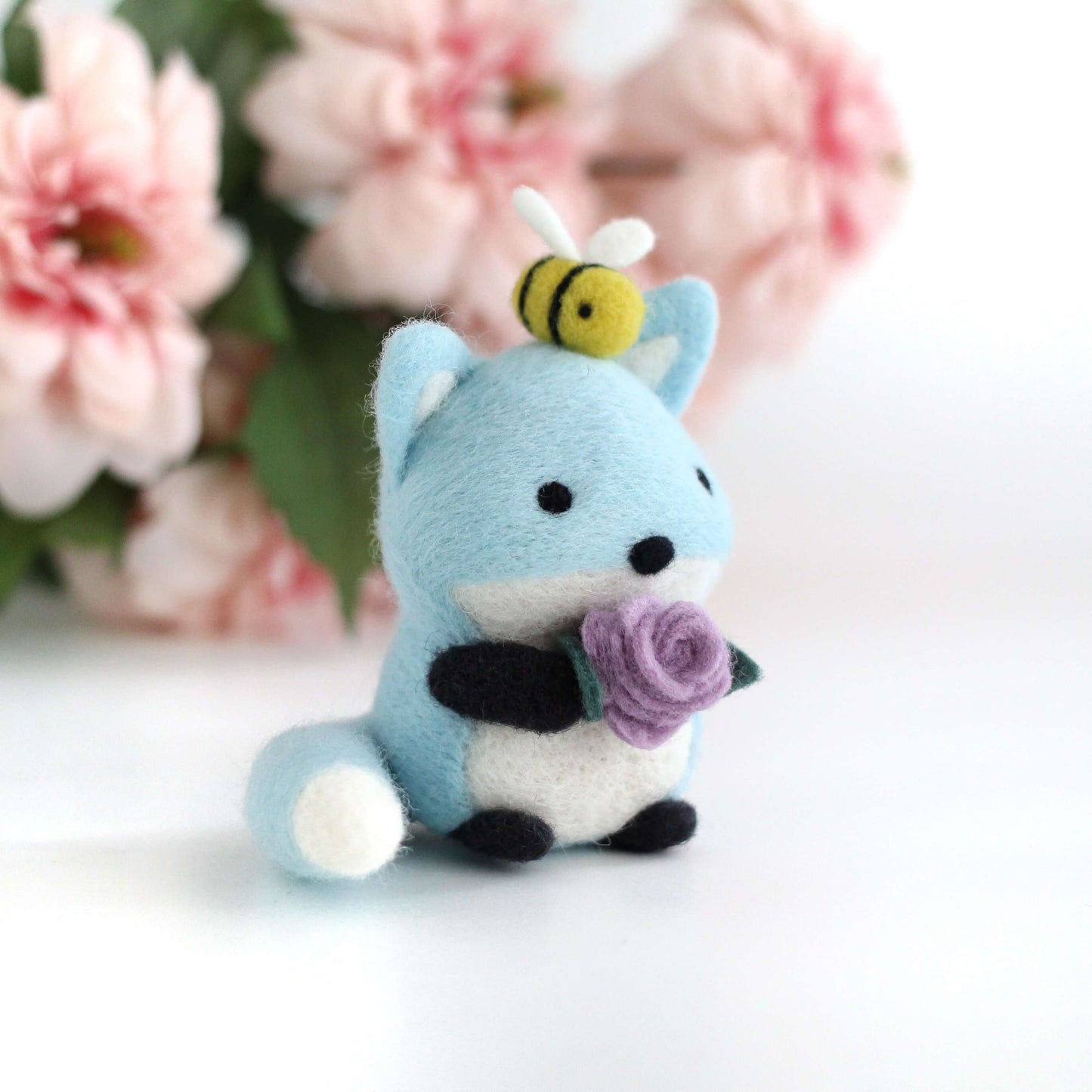Needle Felted Blue Fox with Bee Friend and Rose