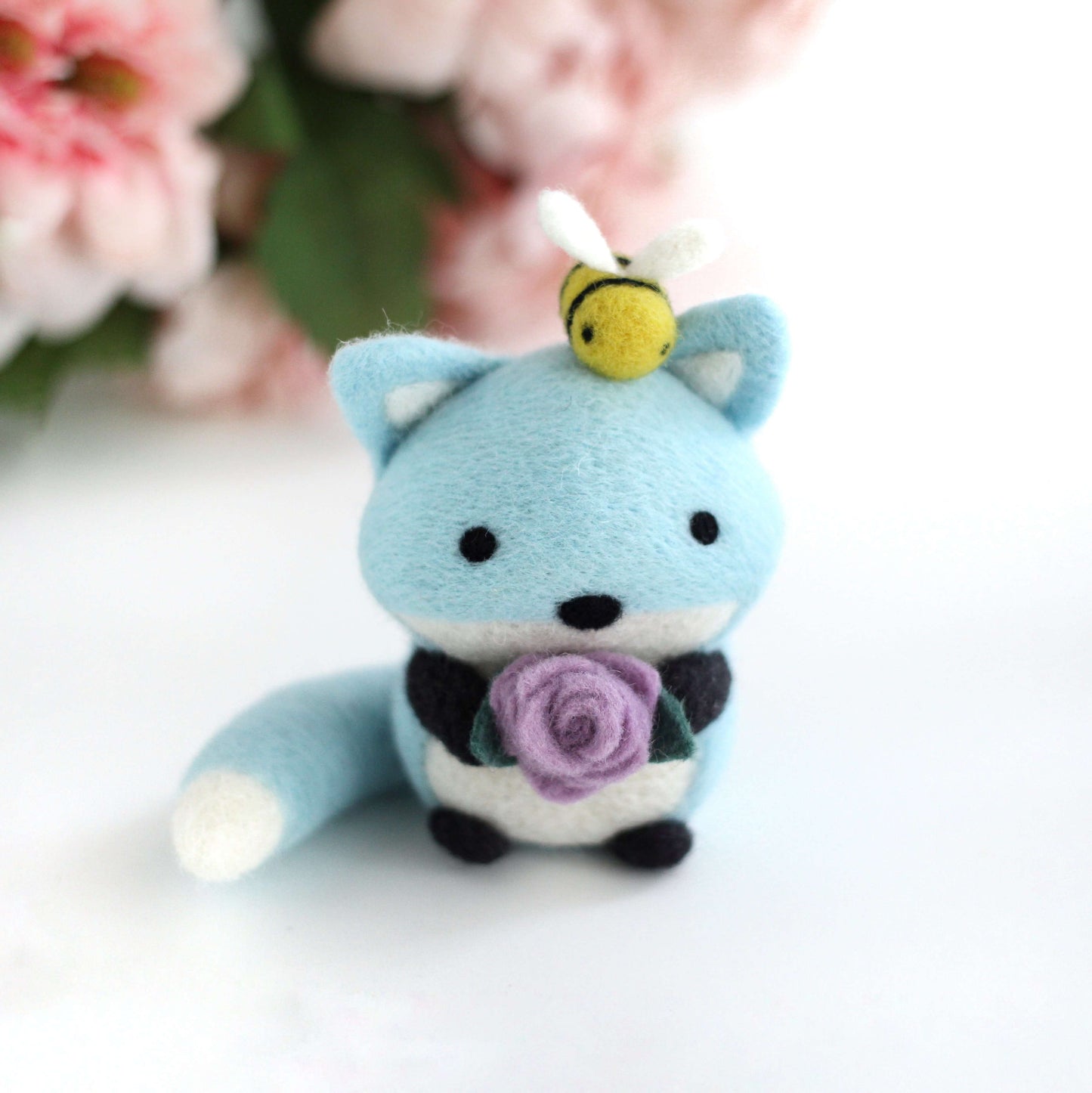 Needle Felted Blue Fox with Bee Friend and Rose