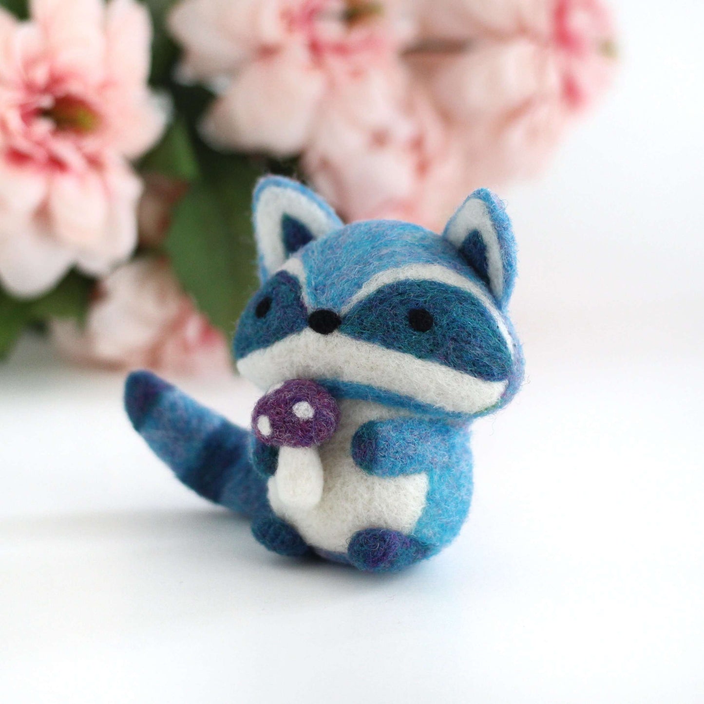 Needle Felted Blue Raccoon with Magical Mushroom