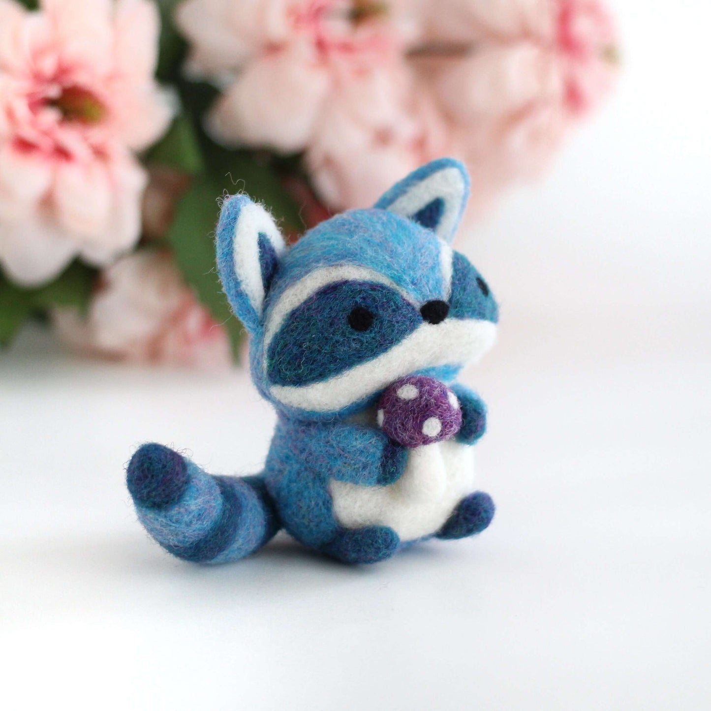 Needle Felted Blue Raccoon with Magical Mushroom