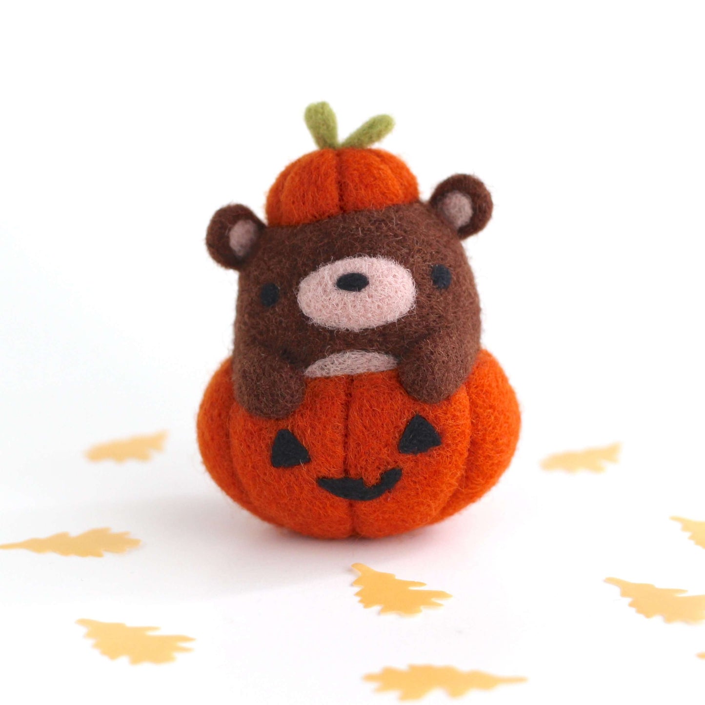 Needle Felted Brown Bear in Jack-o'-Lantern