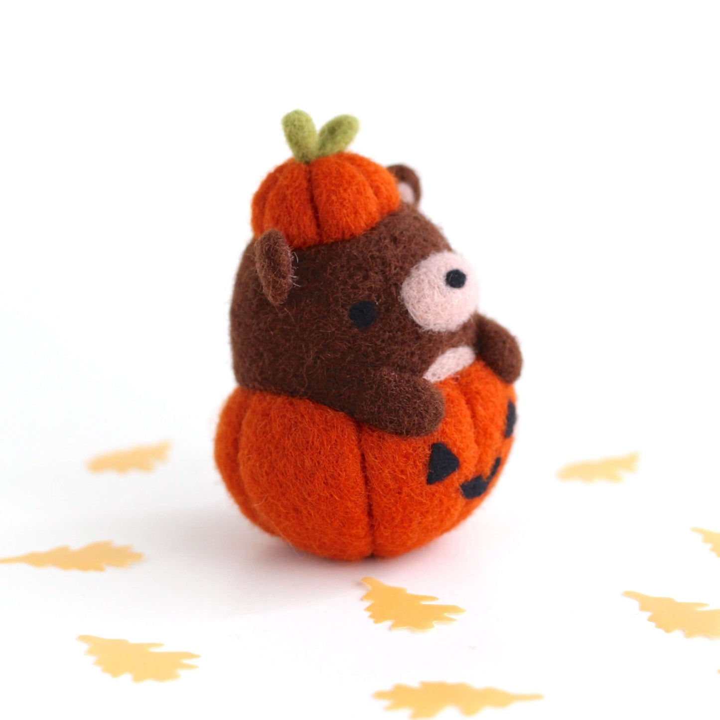 Needle Felted Brown Bear in Jack-o'-Lantern