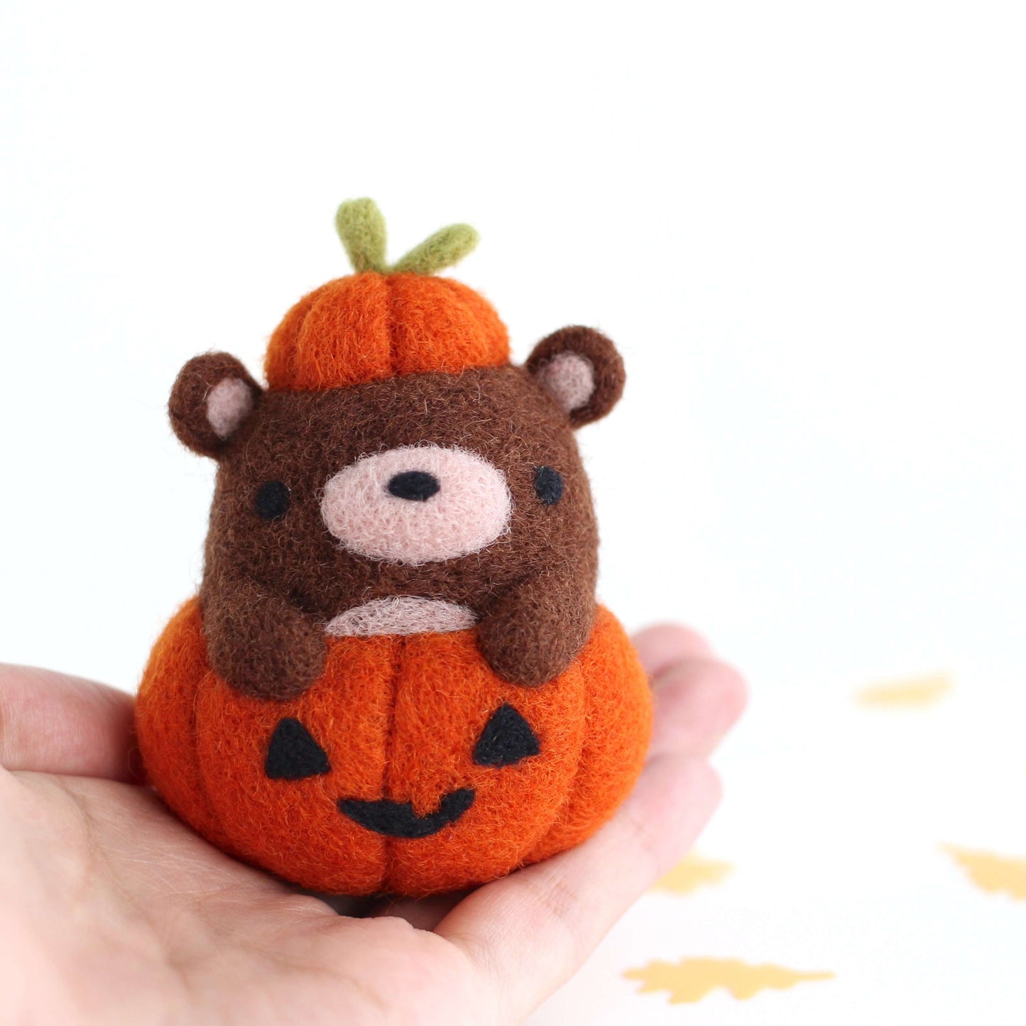 Needle Felted Brown Bear in Jack-o'-Lantern